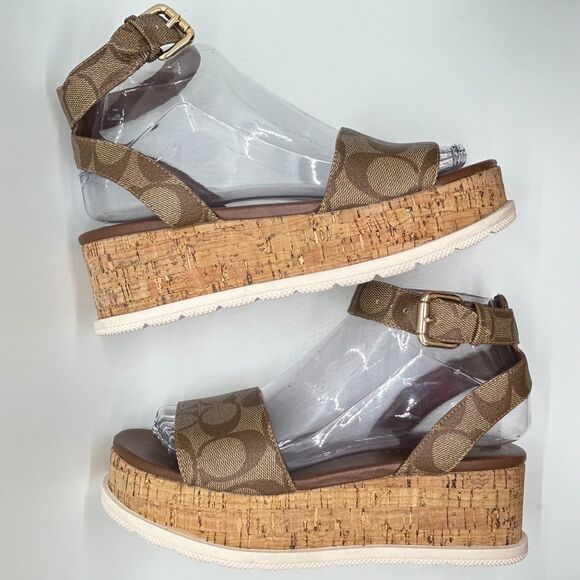 Coach Tallulah Brown Signature Print Platform Ankle Strap Sandals Size 6B - Picture 11 of 14